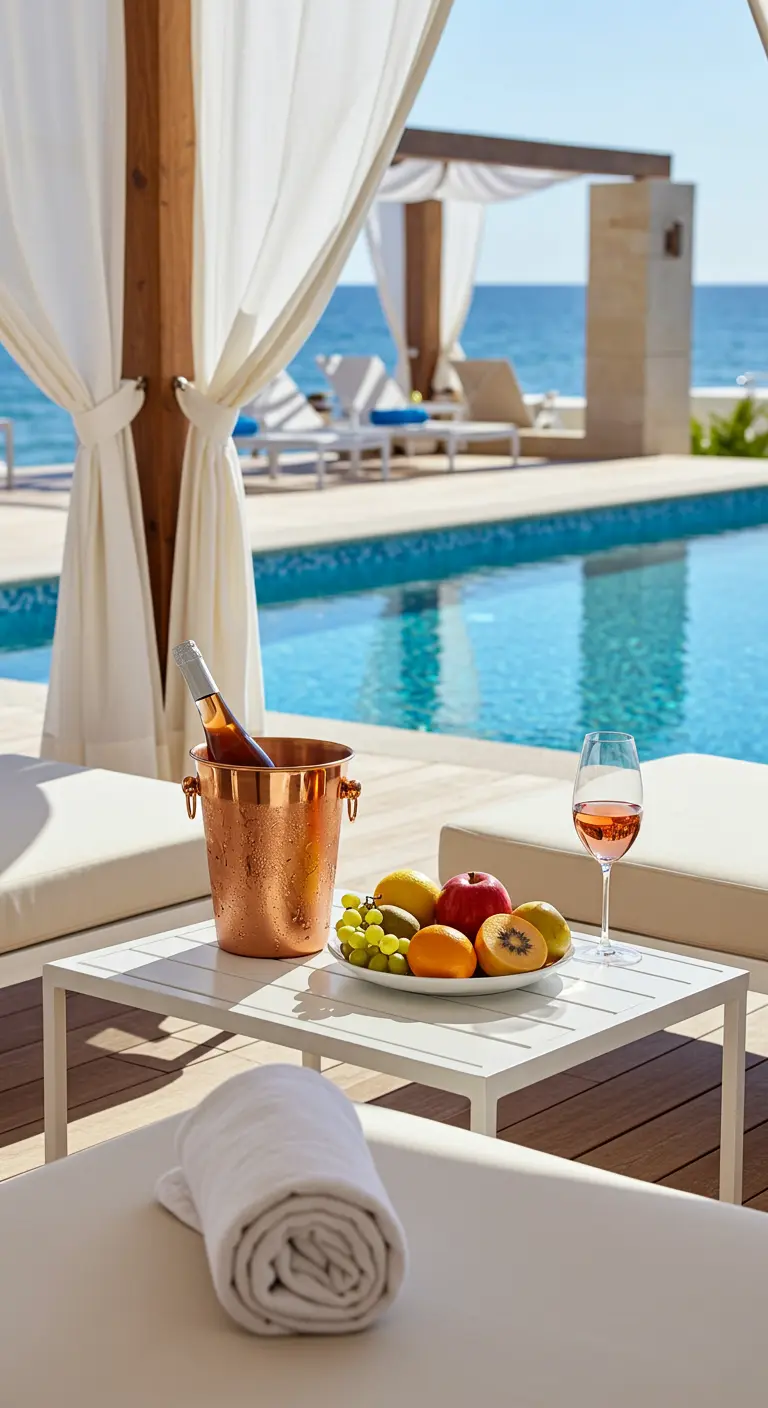 Piscina con una mesa blanca que sostiene una cubitera de cobre con vino y fruta.