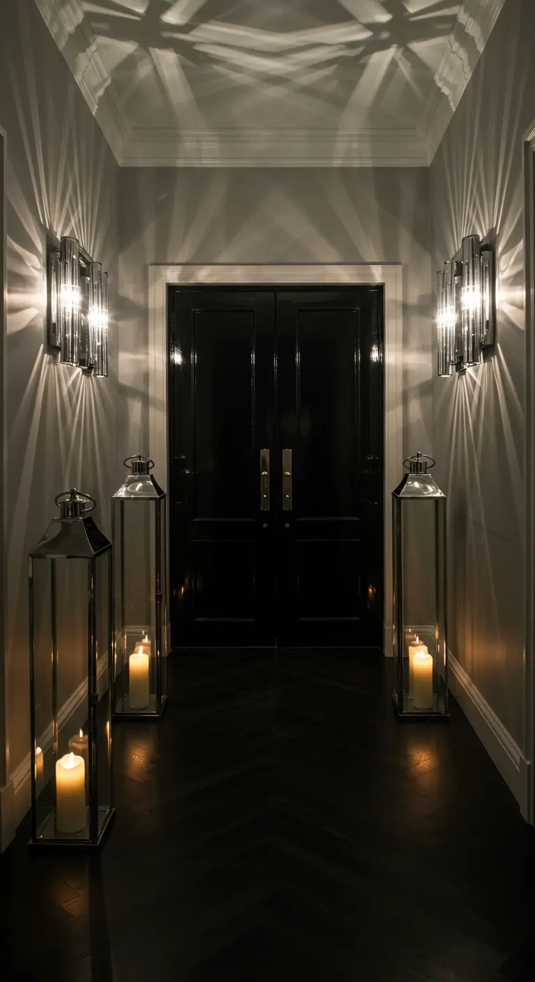 Entrada moderna y lujosa con apliques de pared Art Déco y dos faroles de acero de gran tamaño.