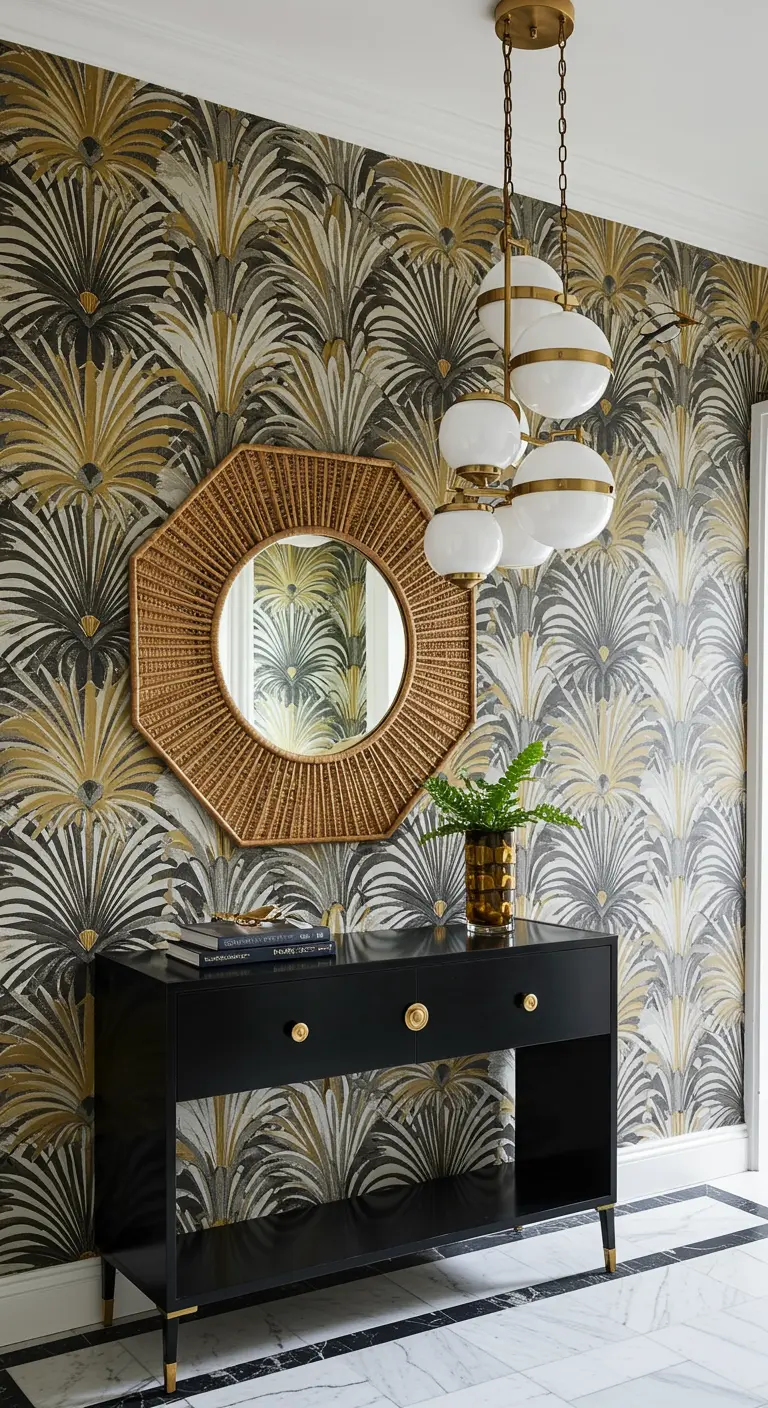 Recibidor Art Déco con papel tapiz de abanicos dorados y negros, y consola lacada en negro.