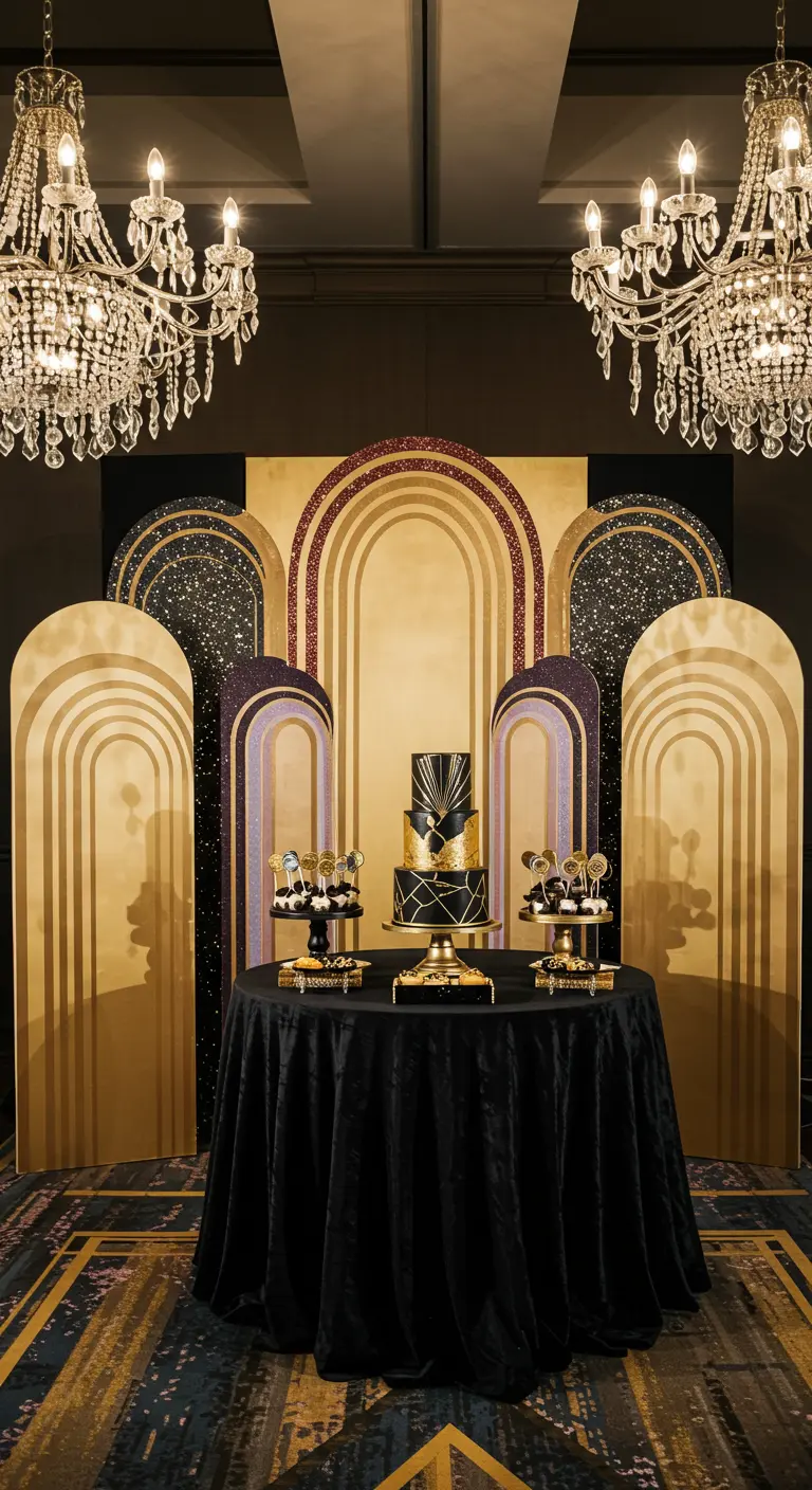 Fondo Art Déco con arcos en negro, dorado y purpurina para una fiesta glamurosa.