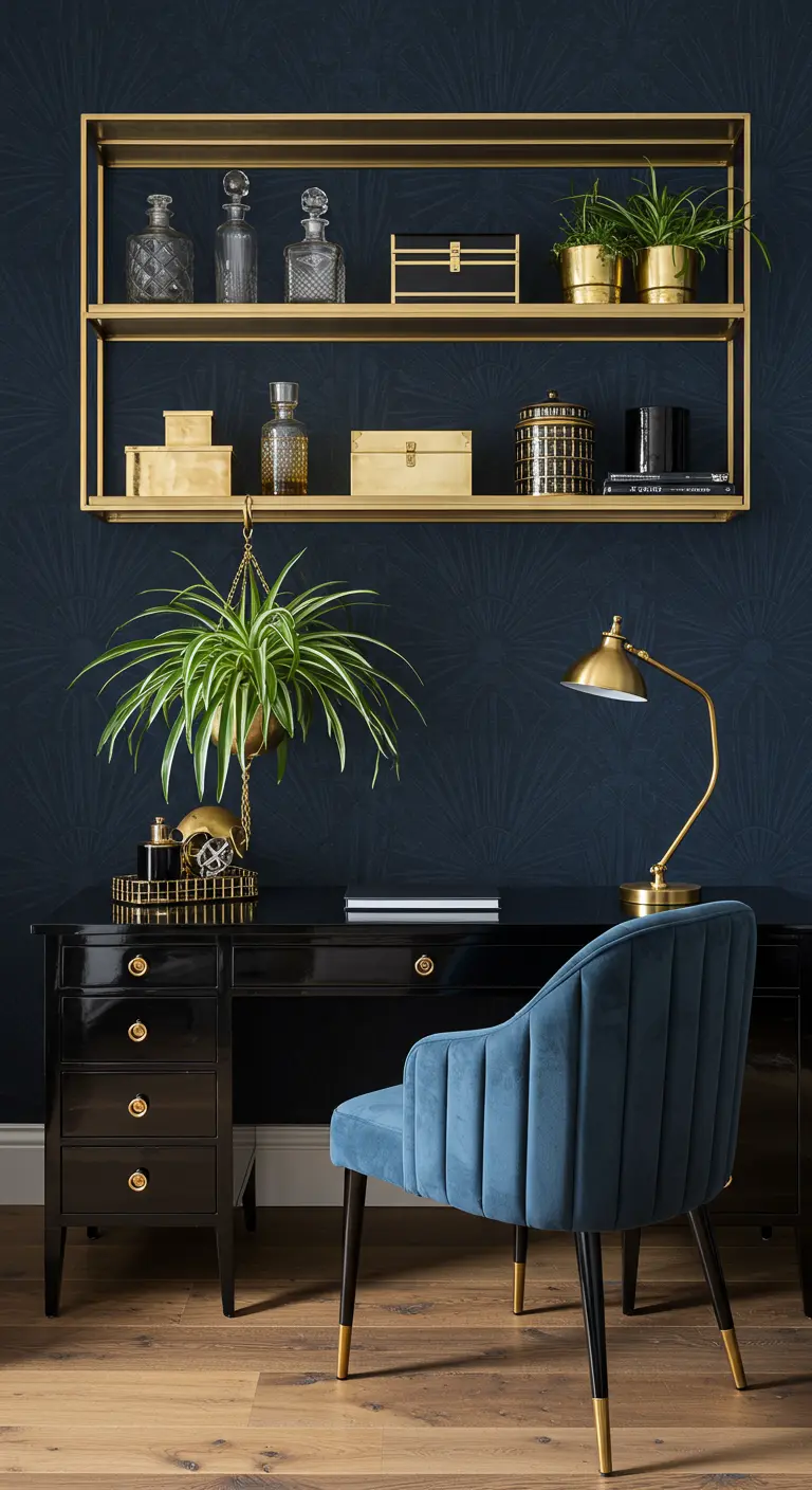 Oficina elegante con pared azul oscuro, escritorio negro y estantería y lámpara doradas.
