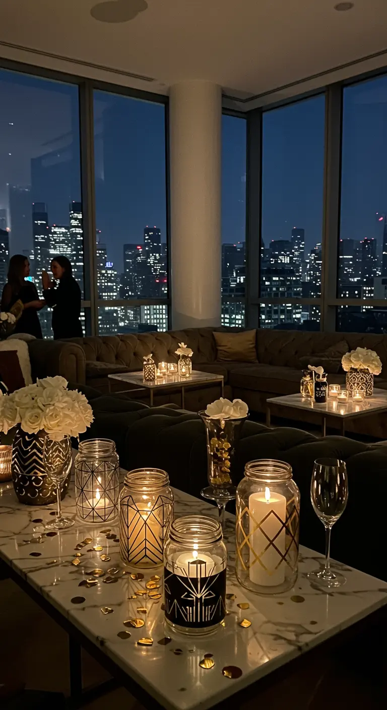 Portavelas de frasco con diseños geométricos dorados en una mesa de mármol.