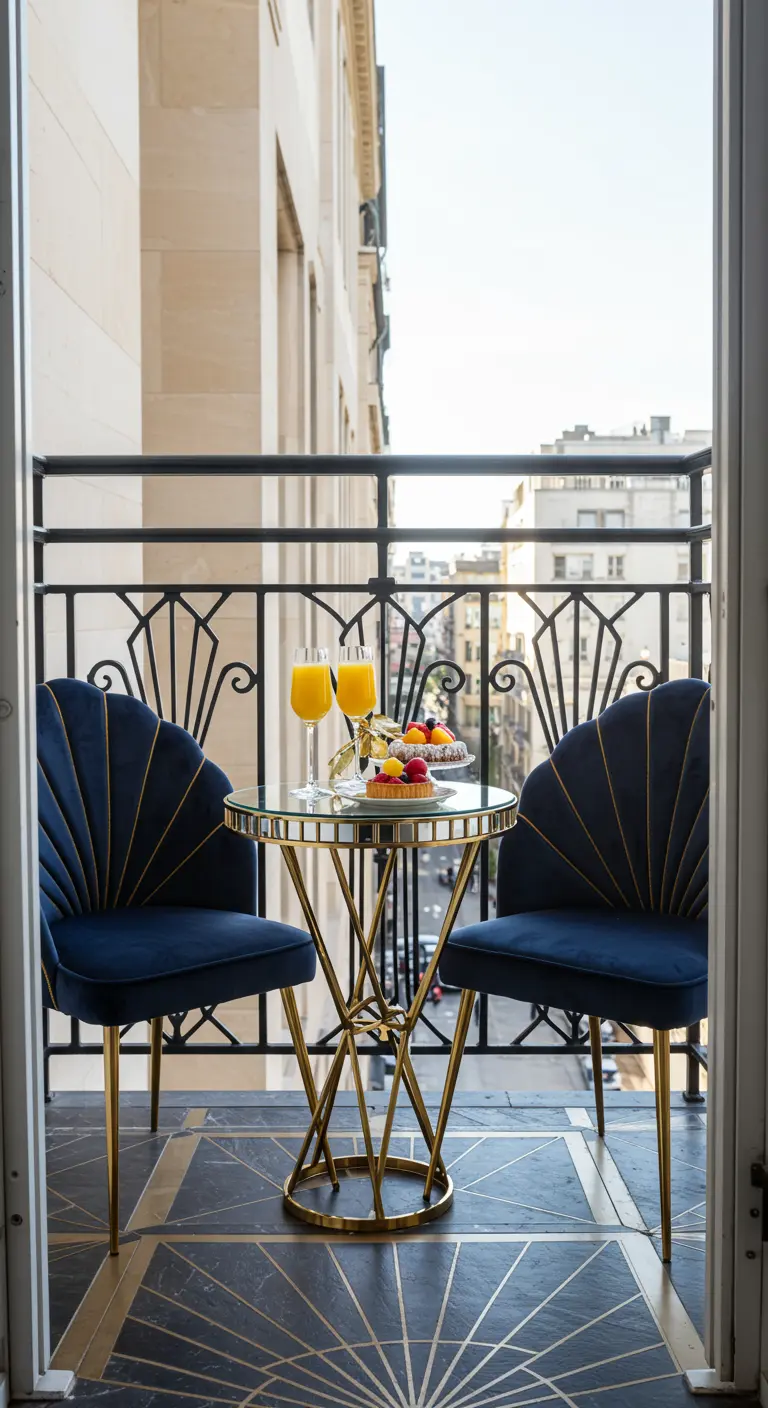 Balcón elegante con mesa de cristal y base dorada y sillas de terciopelo azul.