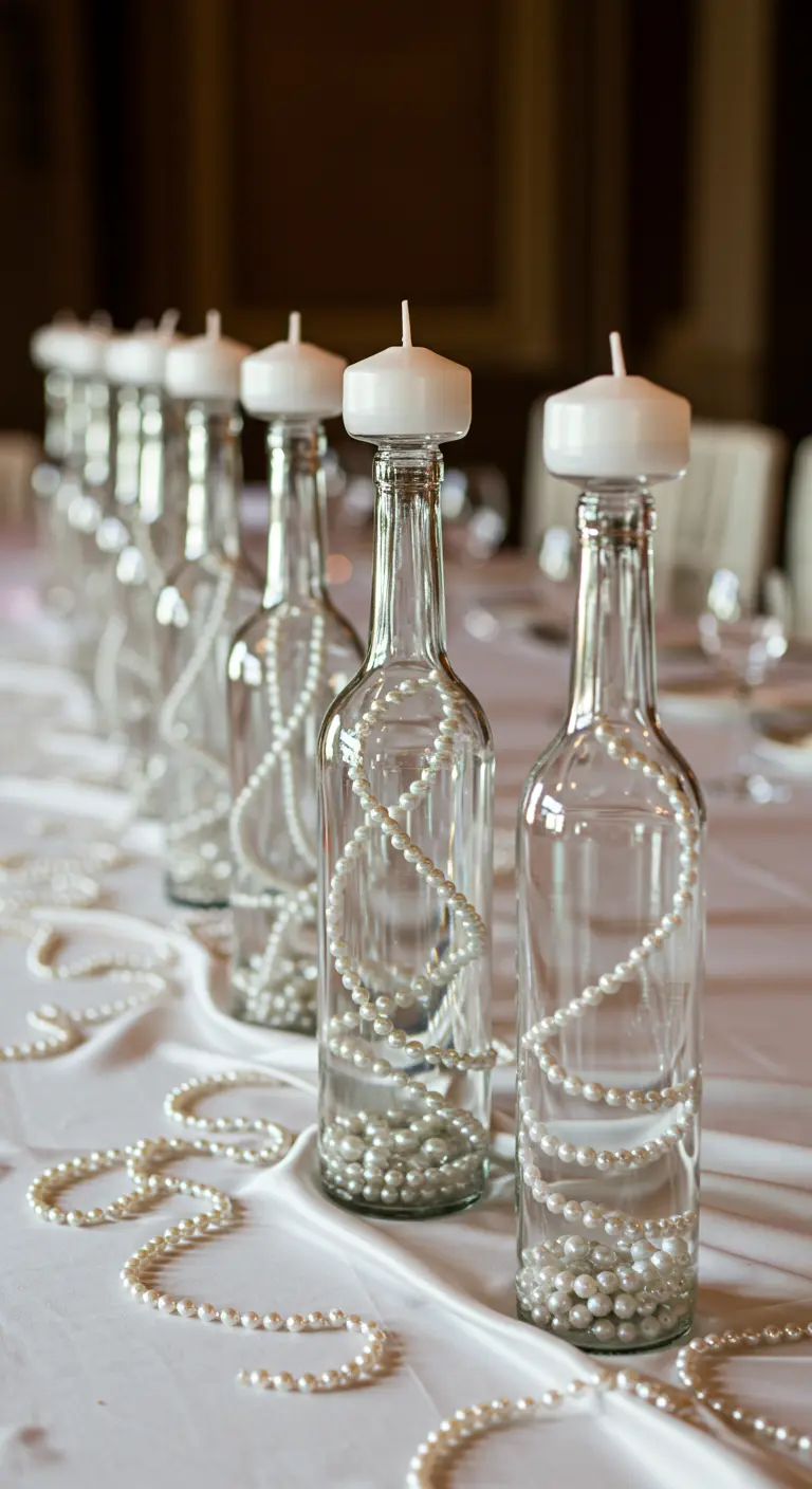 Botellas de vino transparentes llenas de perlas blancas, usadas como candelabros en una mesa de boda.