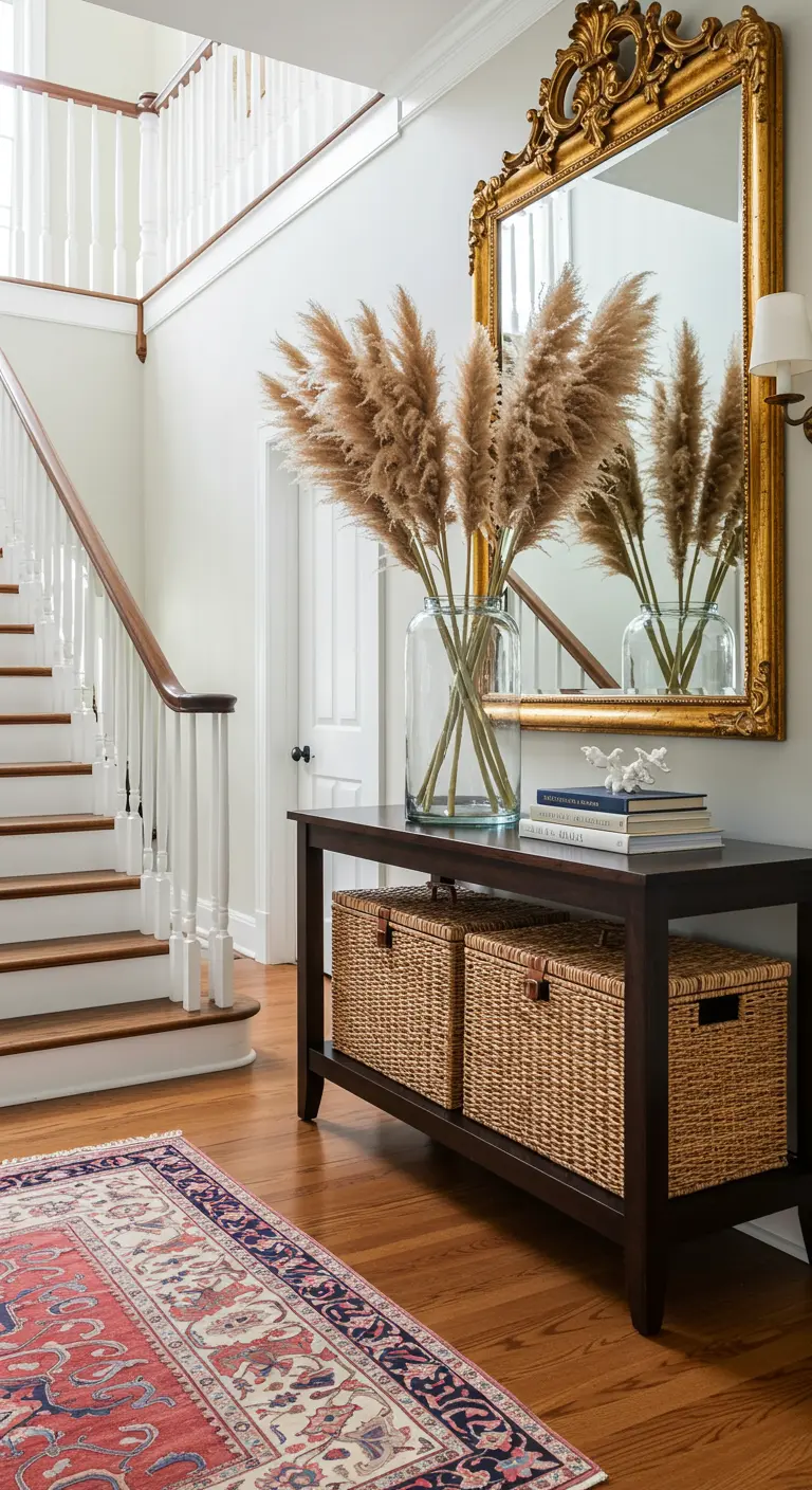 Recibidor clásico con consola oscura, cestas de mimbre, gran espejo dorado y hierba de pampa.