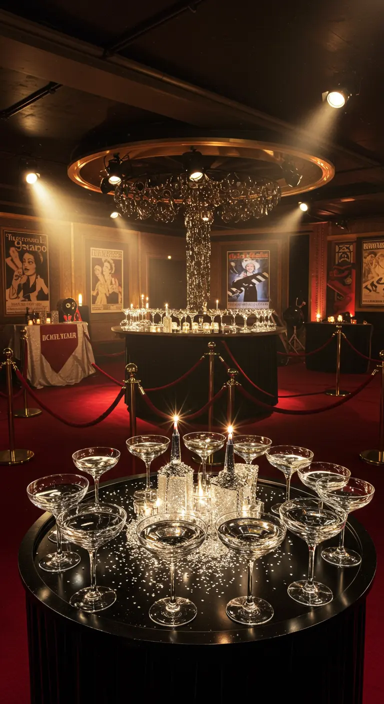 Copas de champán con detalles de cristal en una mesa redonda, en un evento con alfombra roja.