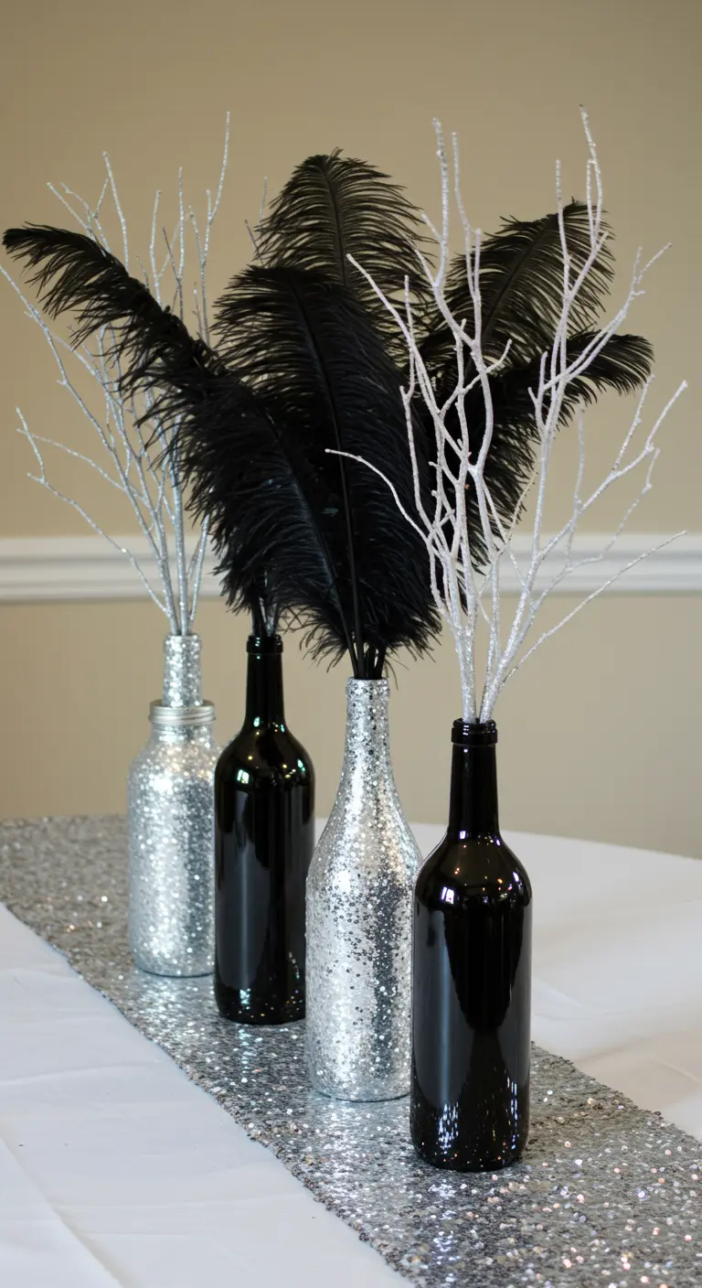 Botellas de vino pintadas de negro y cubiertas de purpurina plateada, usadas como jarrones para plumas.