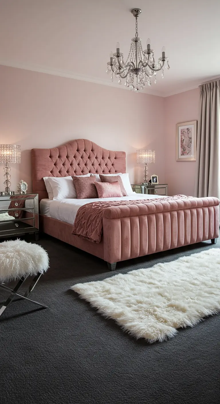 Dormitorio glamuroso con cama de terciopelo rosa, mesitas de noche de espejo y alfombra de pelo.