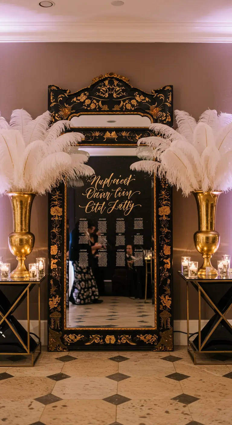 Espejo negro y dorado de estilo Chinoiserie flanqueado por jarrones con plumas blancas.