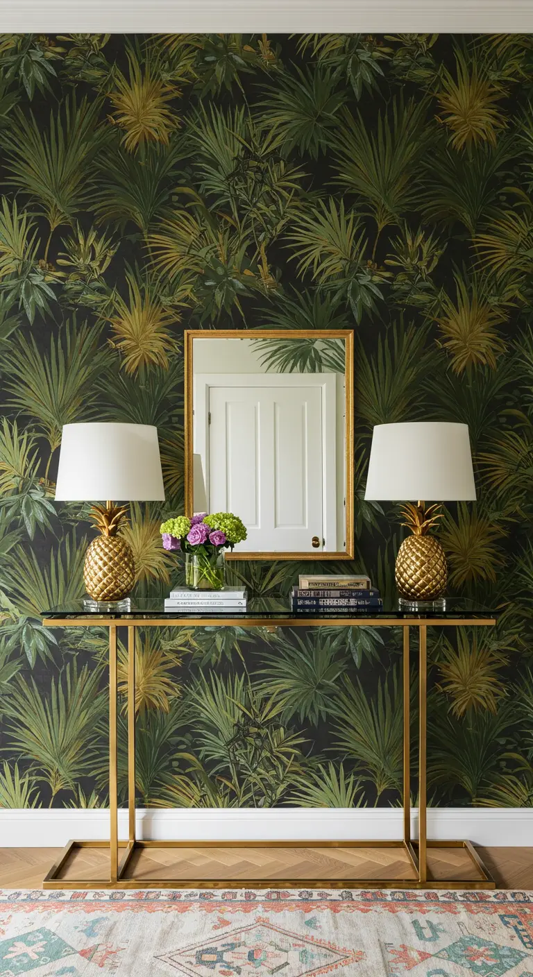 Recibidor con papel pintado de hojas tropicales y consola dorada.