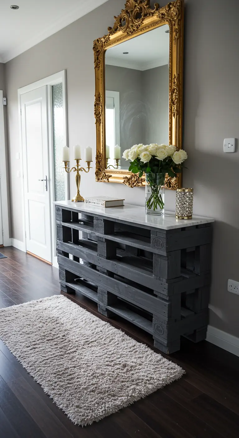 Consola de palets pintados de gris con encimera de mármol y un gran espejo dorado.