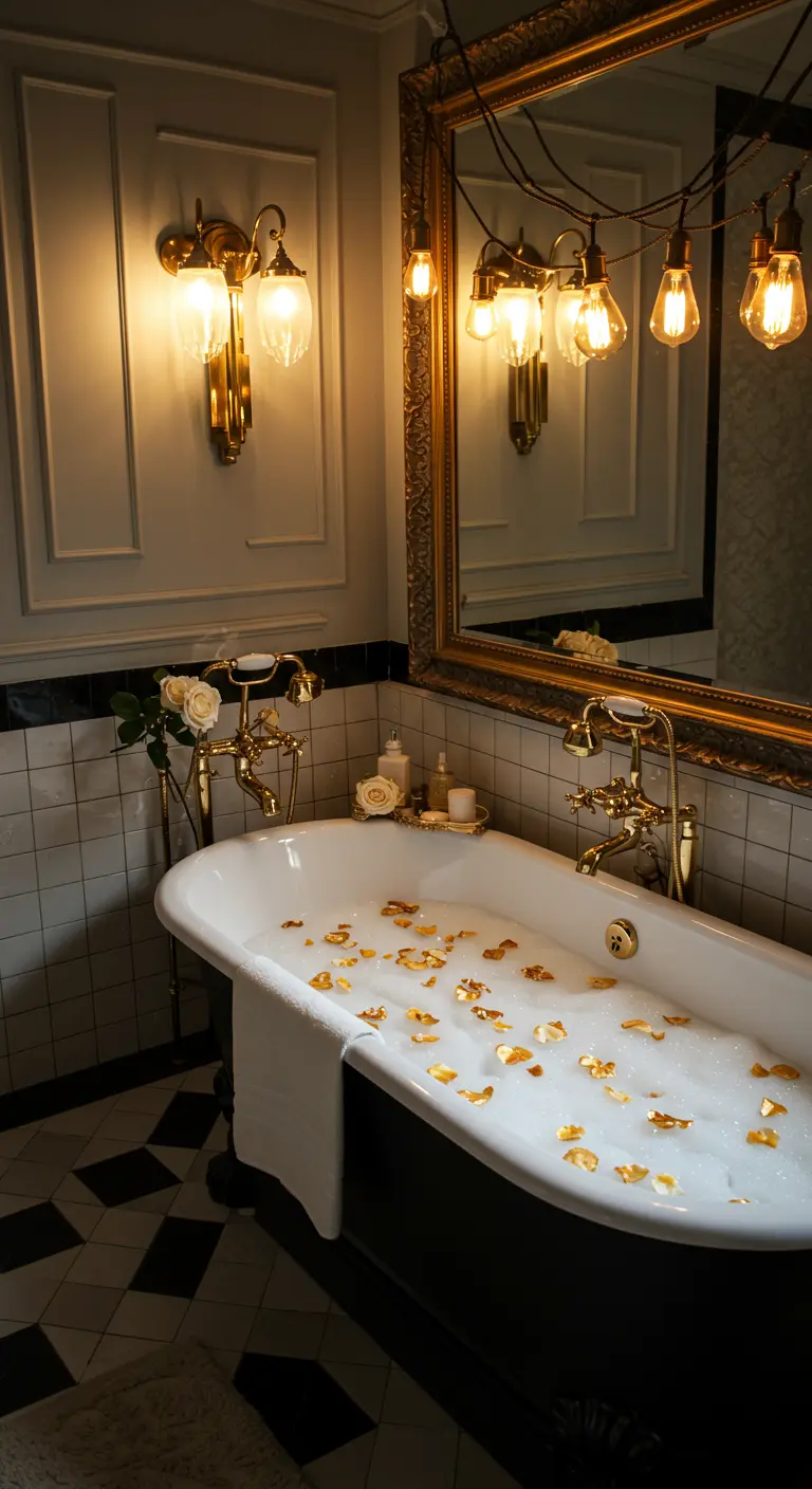 Bañera clásica con patas, grifería dorada, un gran espejo y pétalos amarillos.