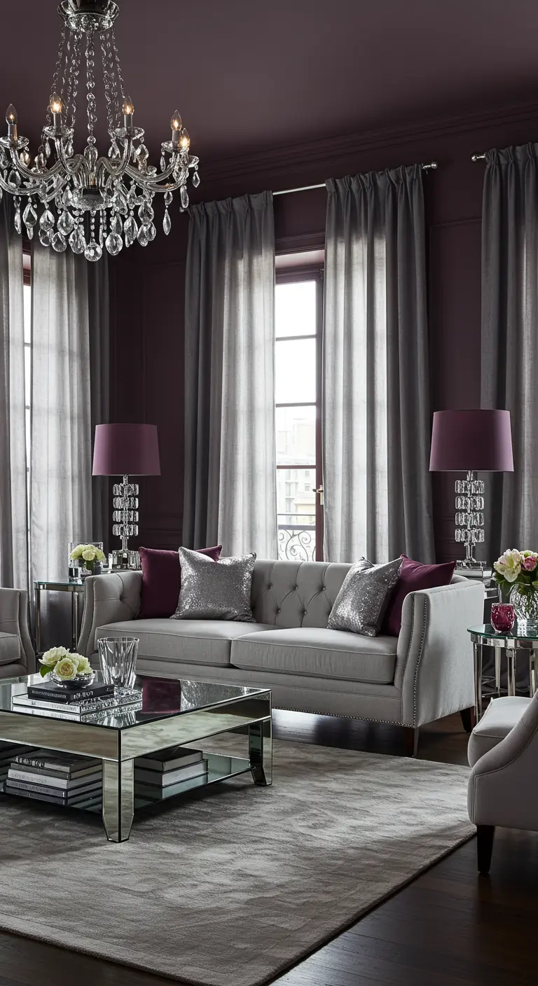 Elegante sala de estar con paredes color ciruela, sofá gris y un candelabro de cristal.