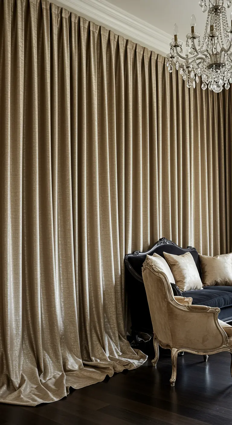 Cortinas largas de tela dorada brillante en una sala de estar clásica y elegante.
