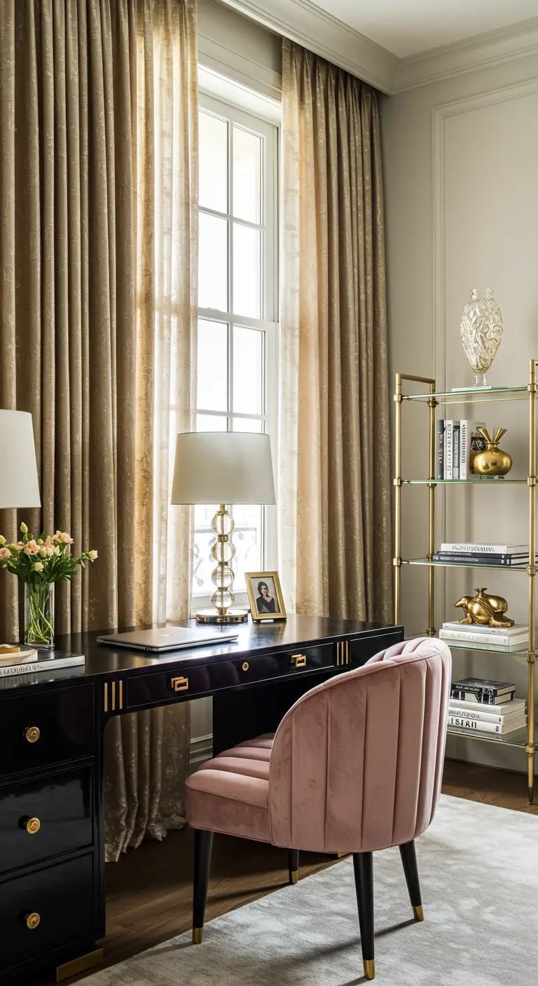 Despacho elegante con escritorio negro lacado, silla de terciopelo rosa y detalles dorados.