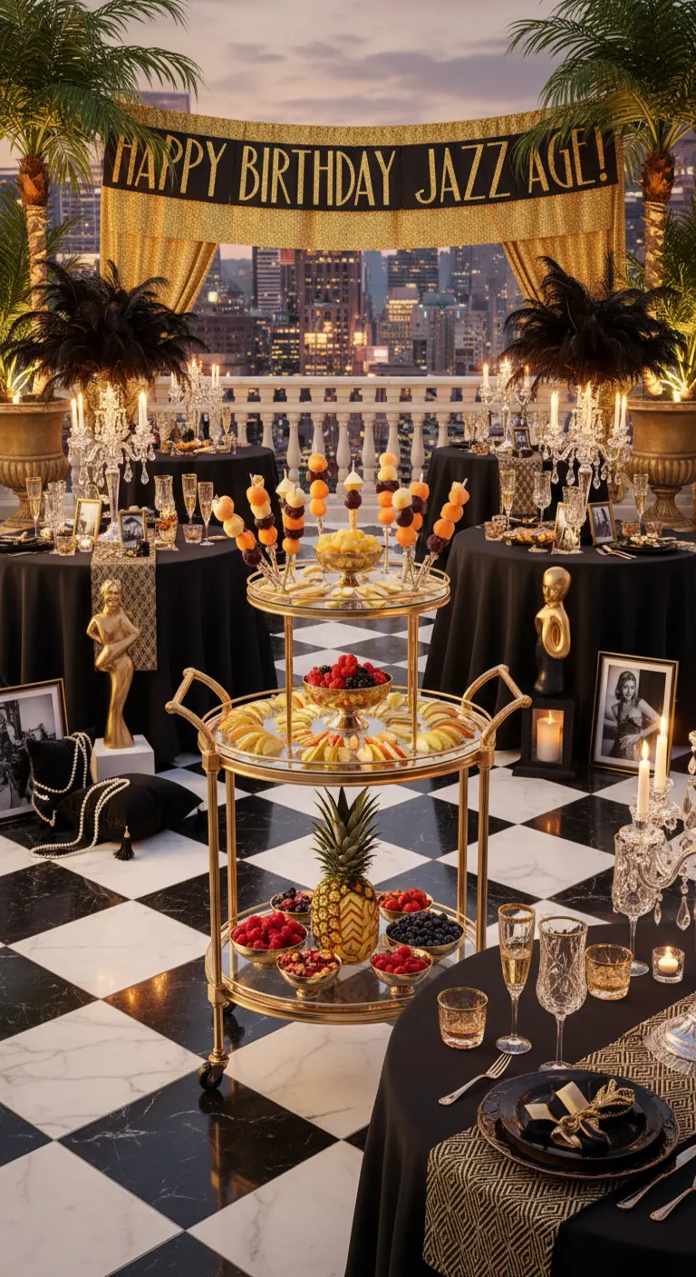 Fiesta temática de los años 20 con un carrito de bar dorado lleno de frutas y decoración glamurosa.