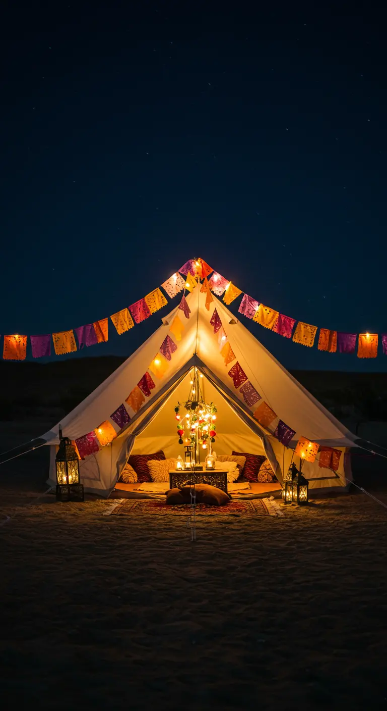 Tienda de campaña tipo tipi iluminada por la noche, decorada con papel picado.