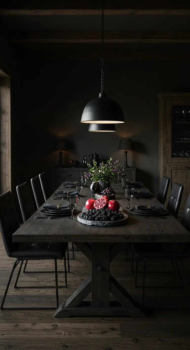 Comedor oscuro y elegante con centro de mesa de granadas y uvas negras sobre una bandeja de pizarra.