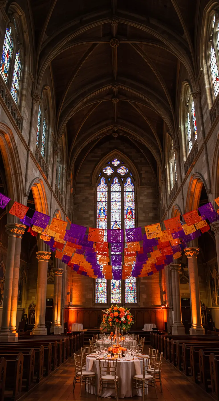 Interior de una iglesia gótica con mesas redondas y papel picado colgando del techo abovedado.