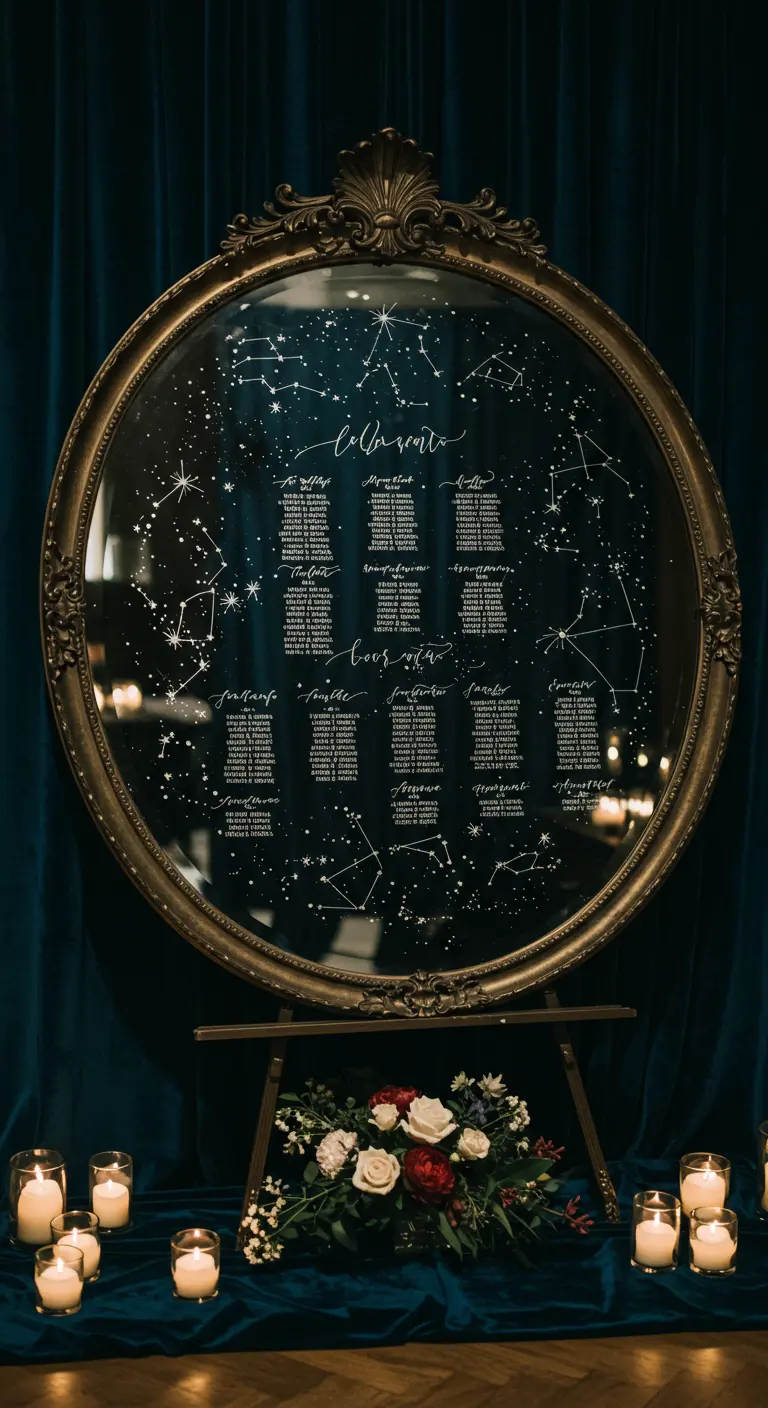 Espejo ovalado oscuro con un seating plan y constelaciones dibujadas en blanco.