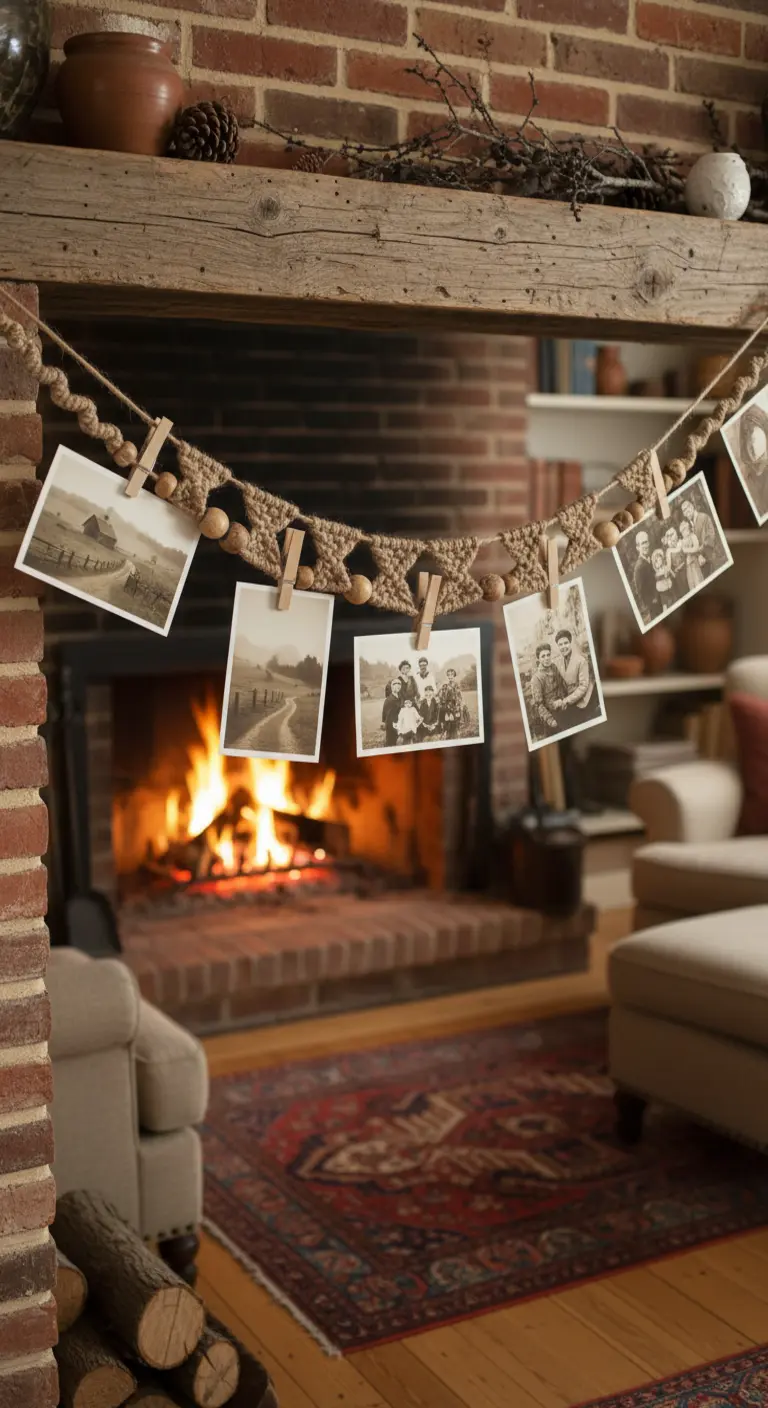 Guirnalda de macramé con fotos colgada en una chimenea de ladrillo con el fuego encendido.