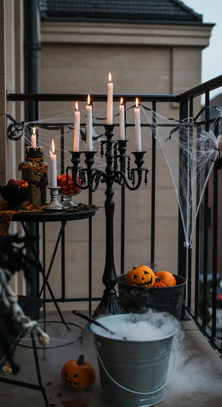 Decoración de Halloween en un balcón con un candelabro negro, calabazas y un caldero humeante.