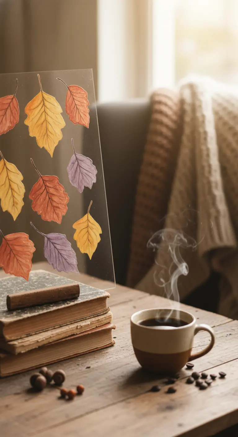 Hojas de otoño pintadas en acuarela y pegadas sobre una lámina de acrílico transparente.