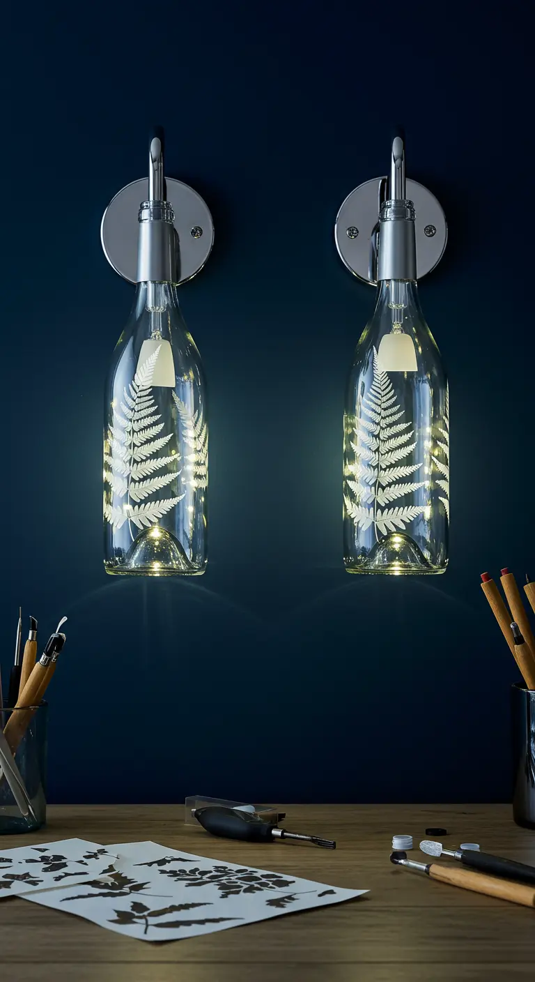 Dos apliques de pared hechos con botellas de vidrio grabadas con un delicado diseño de hoja de helecho.