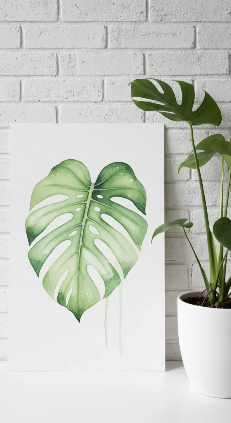 Pintura de una hoja de Monstera en acuarela, apoyada en una pared de ladrillo blanco.