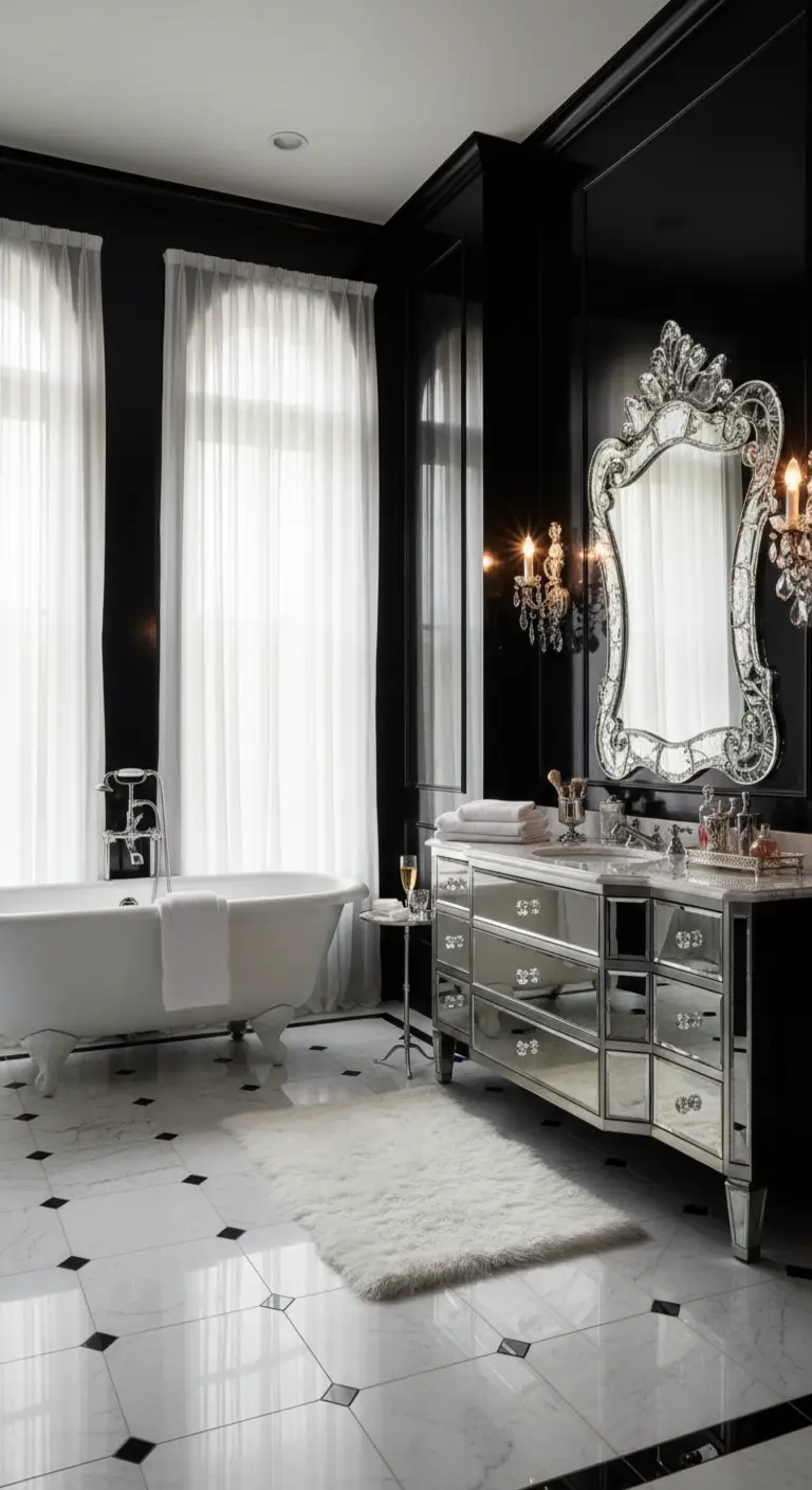 Baño glamuroso en blanco y negro con mueble de espejo y lámparas de cristal