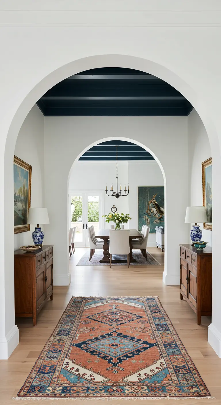 Vista desde un pasillo blanco a través de un arco hacia un comedor con el techo pintado de azul oscuro