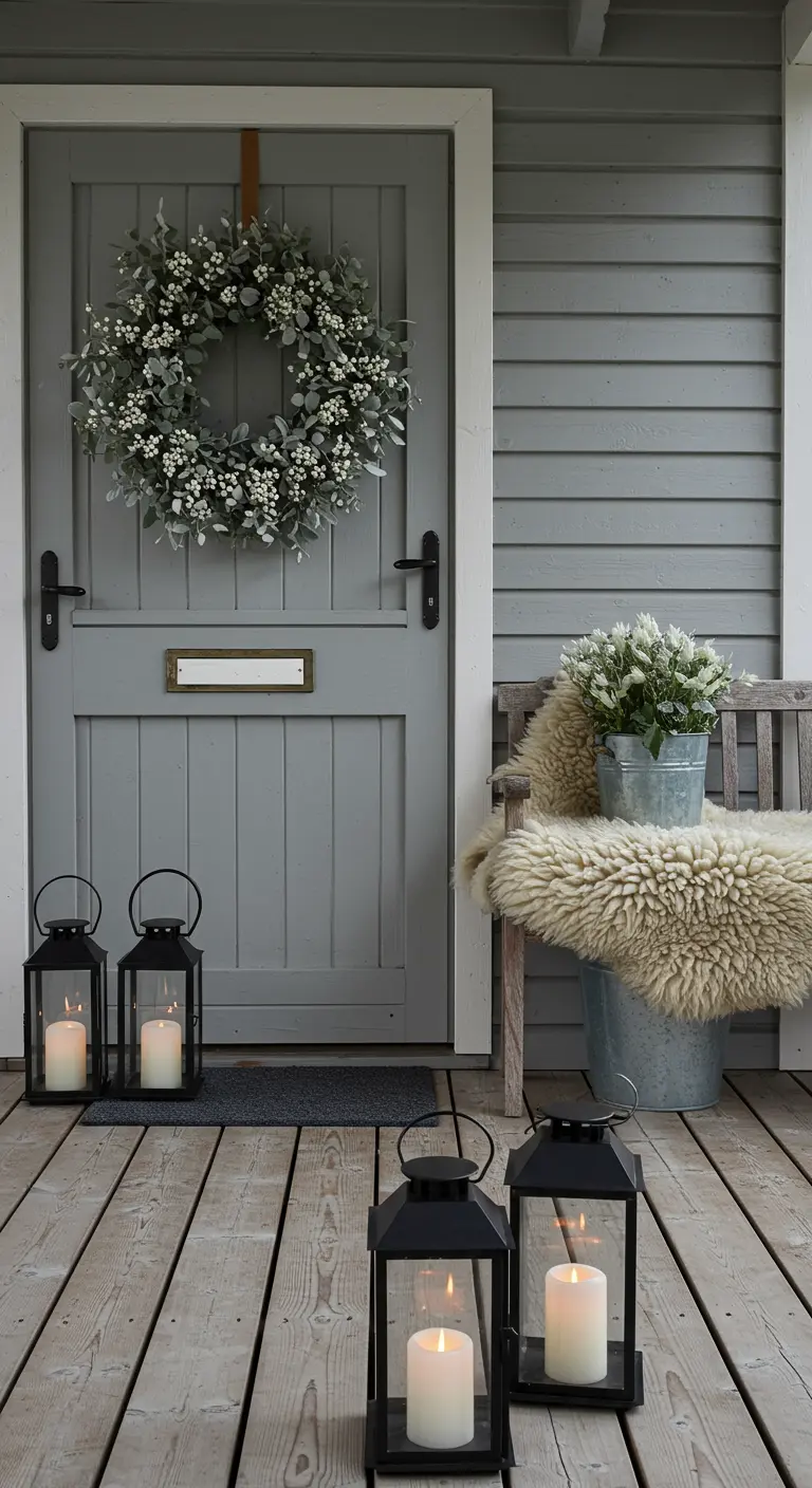 Porche de inspiración escandinava con faroles negros, una manta de piel de oveja y una corona de eucalipto.