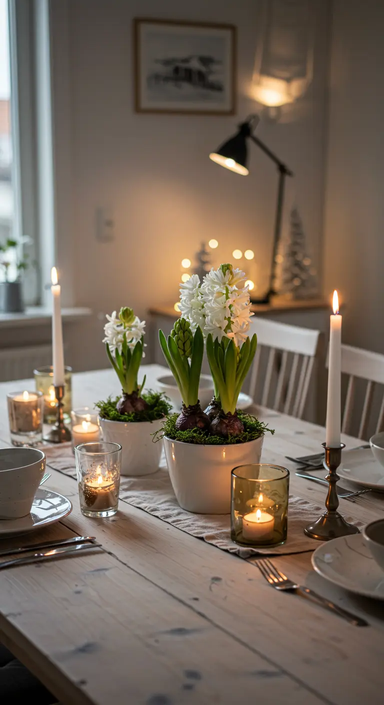 Jacintos blancos en macetas sobre una mesa de madera iluminada por la cálida luz de las velas.