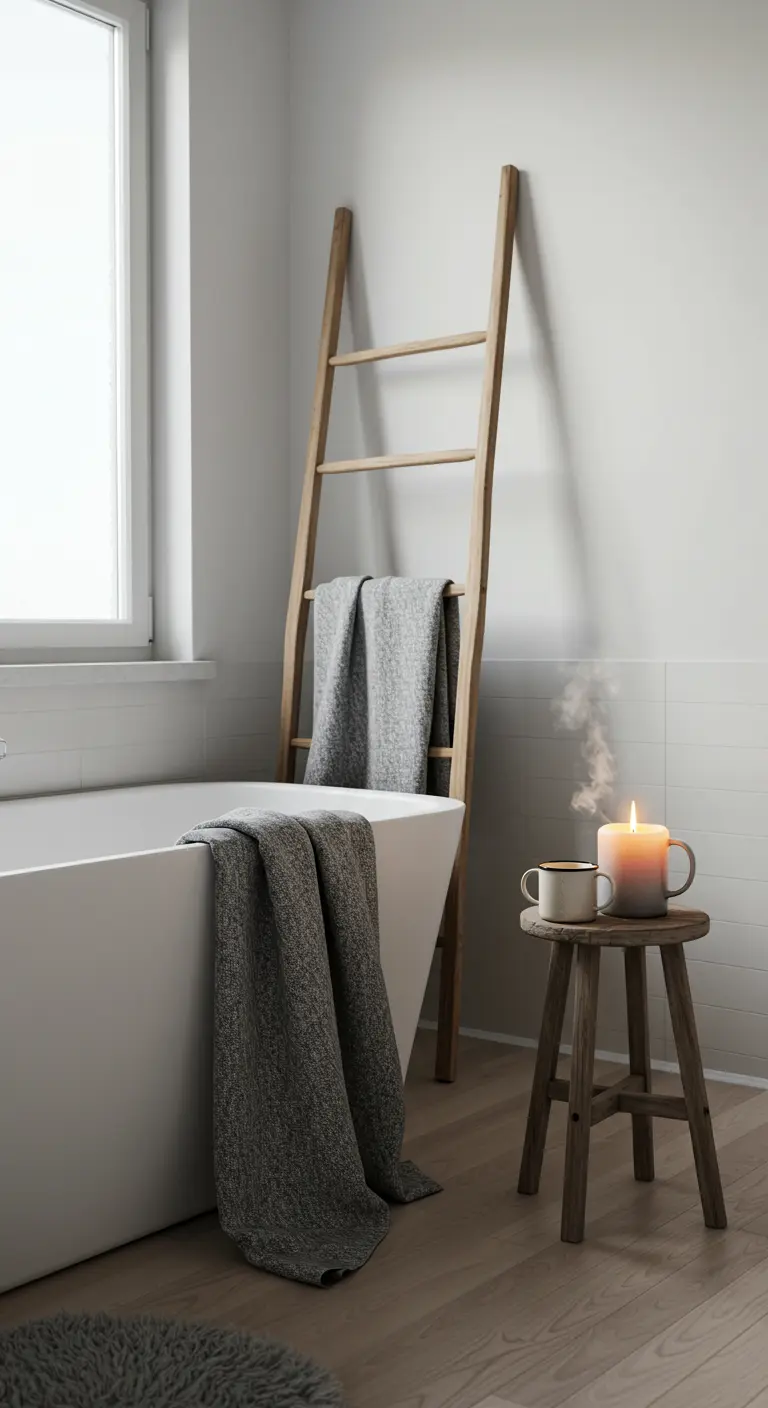 Baño minimalista de estilo escandinavo con escalera de madera, toallas grises y una vela encendida.