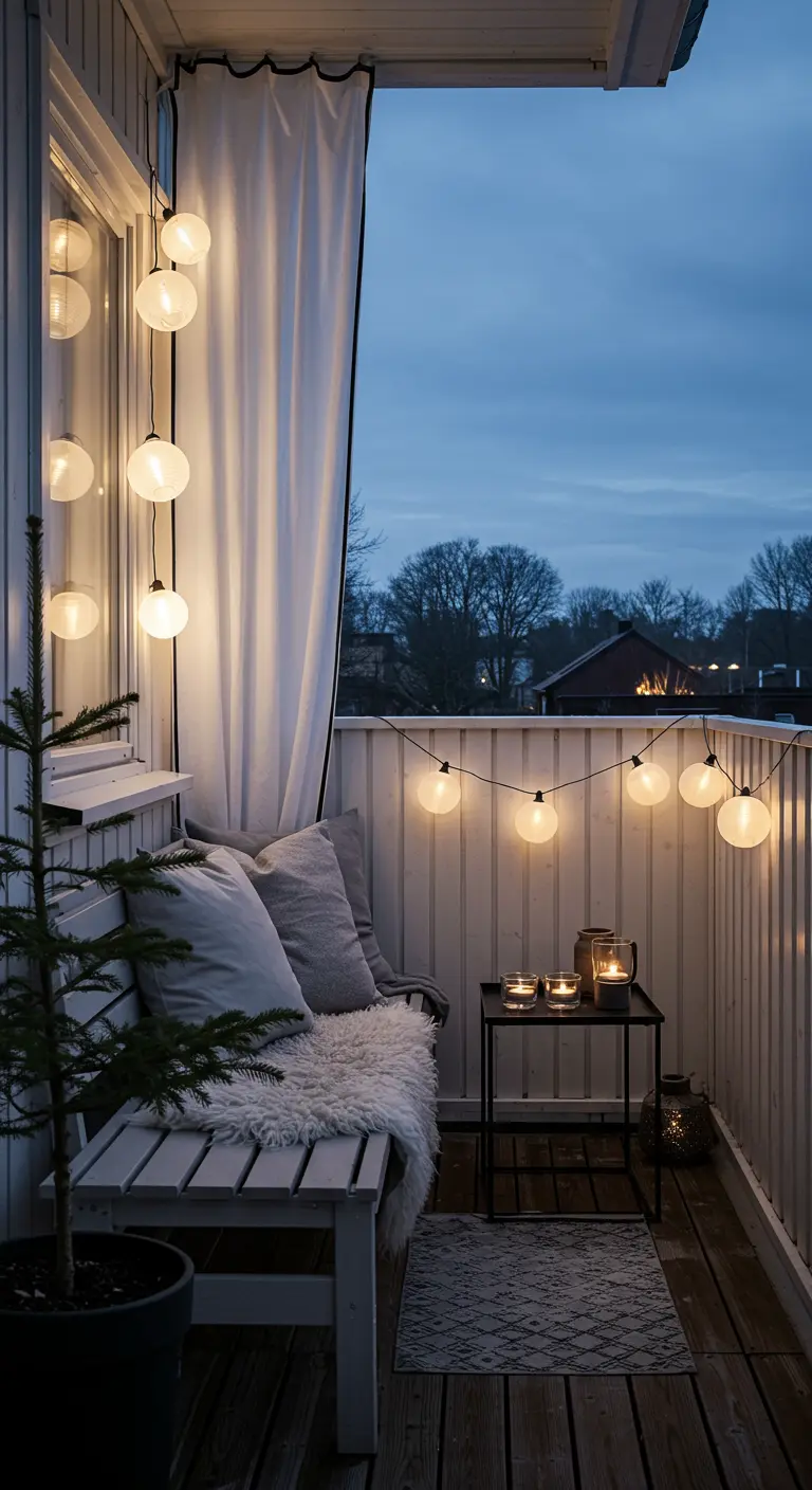 Balcón escandinavo con banco blanco, cojines, manta de pelo, cortina blanca y guirnalda de luces.