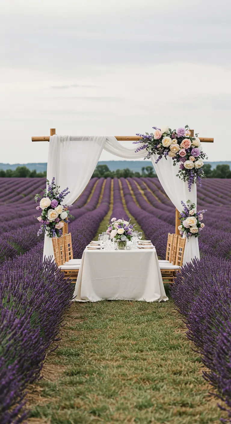 Mesa para dos bajo un dosel con flores en medio de un campo de lavanda en flor.