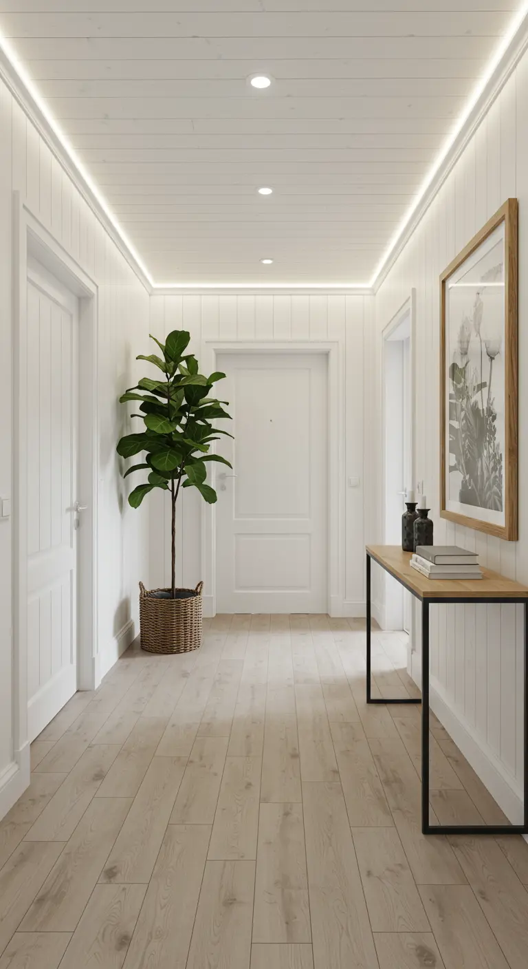 Pasillo con paredes de lamas blancas y luz LED indirecta en el techo, con una gran planta.