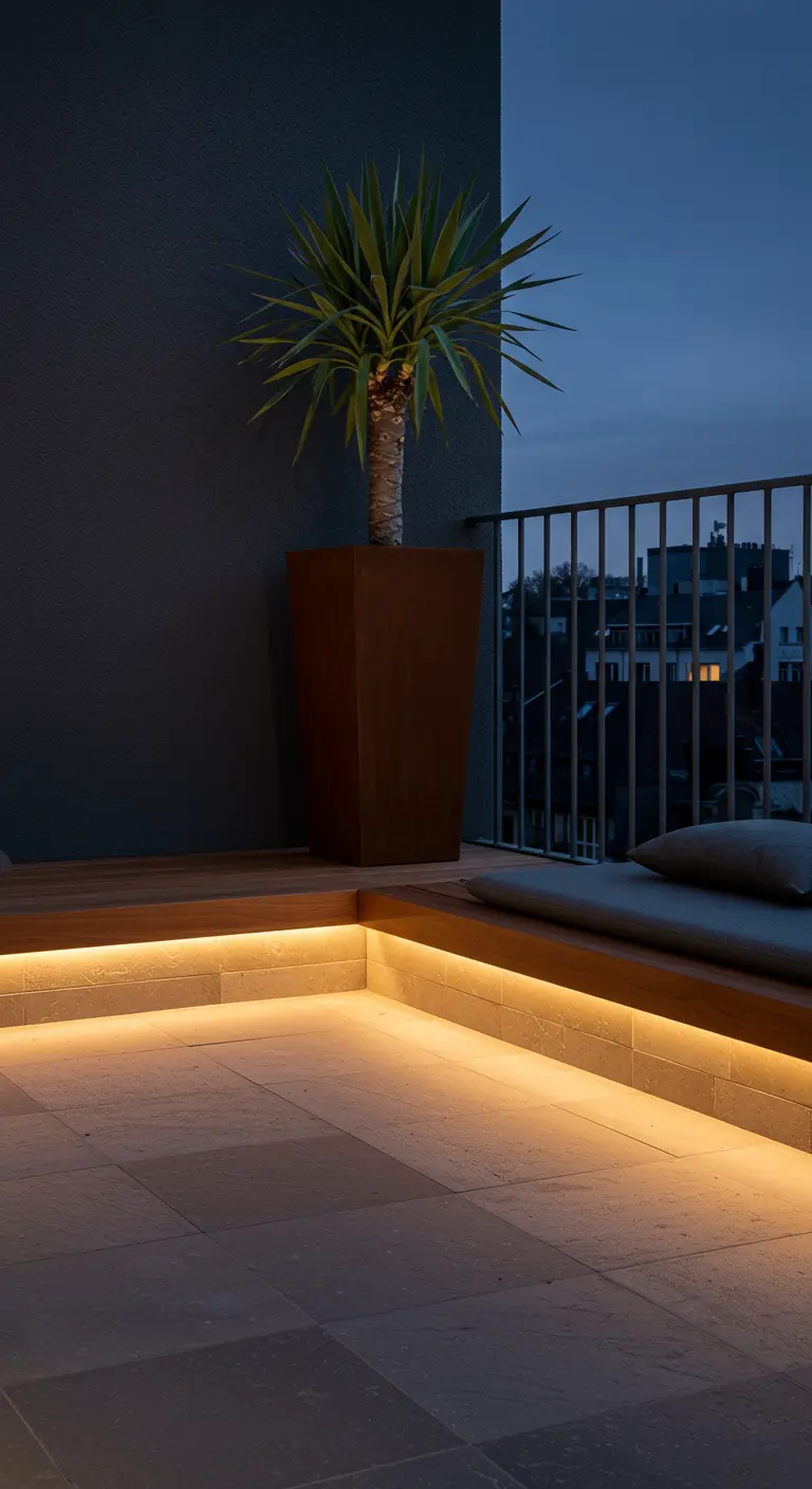 Terraza de noche con luces LED cálidas instaladas bajo un banco de obra de madera y piedra