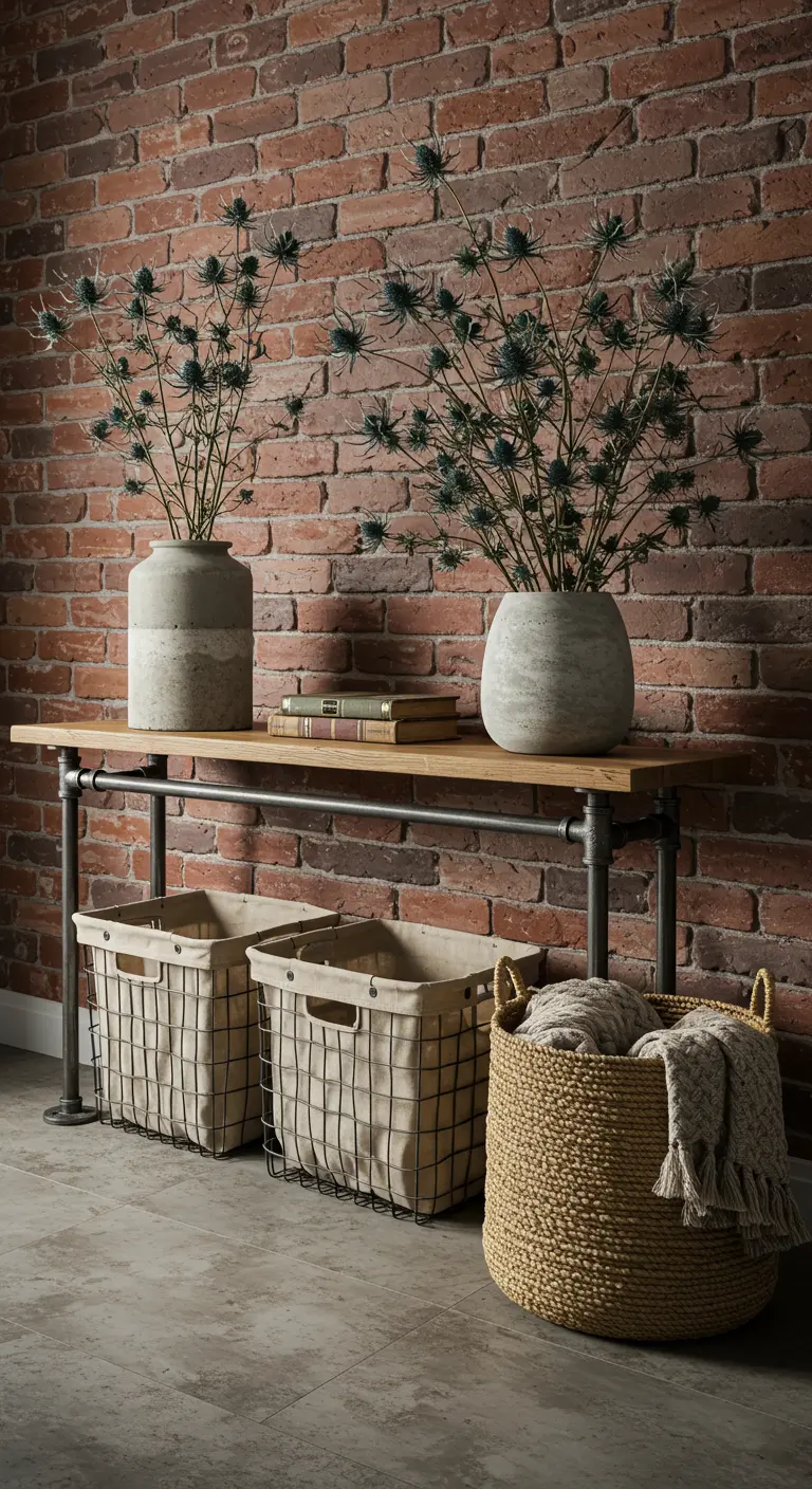 Recibidor industrial con pared de ladrillo, banco de madera y metal, y varias cestas.