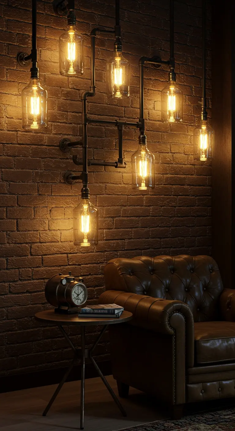 Instalación de lámparas de pared estilo industrial con tuberías negras y botellas de vidrio.