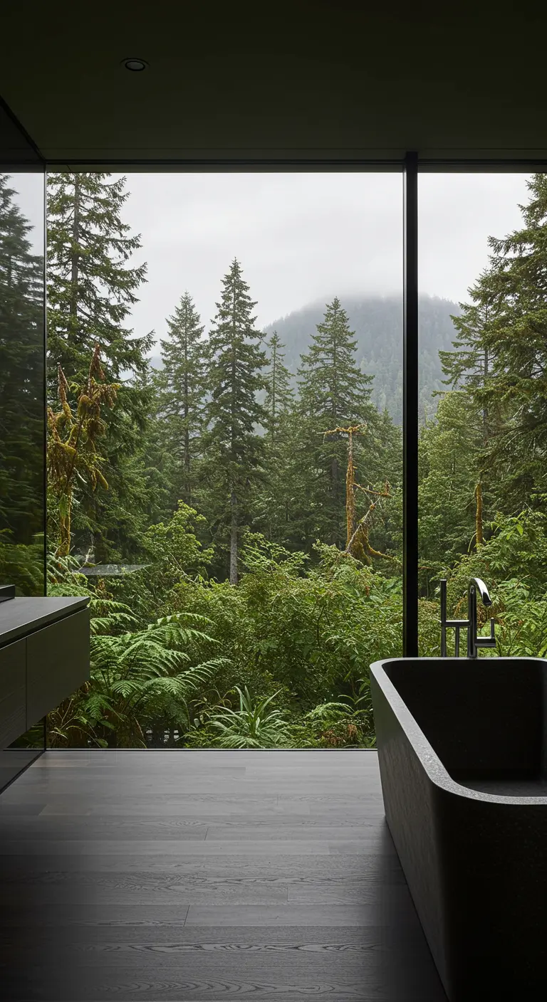 Baño minimalista con ventanal gigante que da a un frondoso bosque verde.