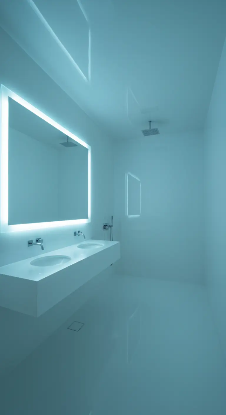 Baño futurista completamente blanco iluminado con una intensa luz LED de color cian.