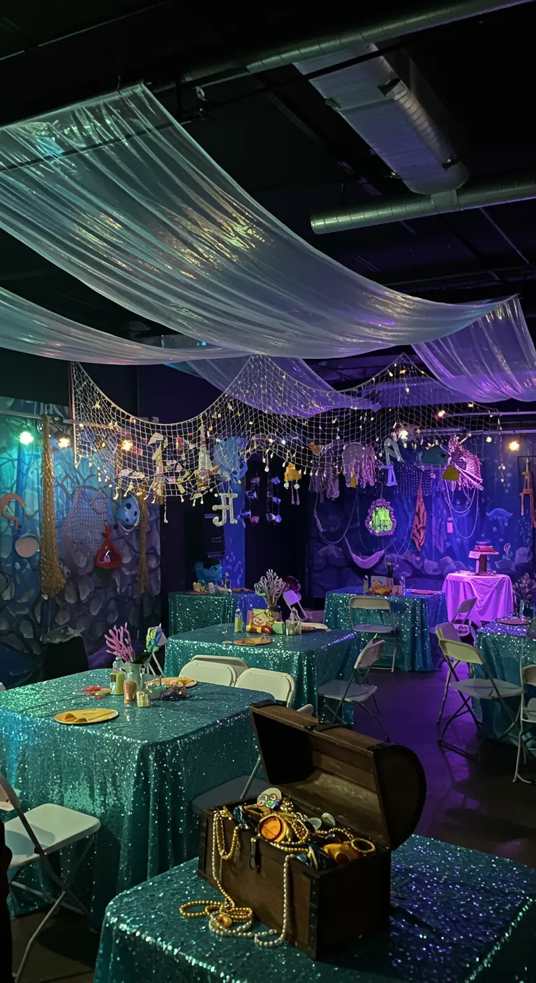 Salón de fiestas decorado como el fondo del mar con luces azules y telas.