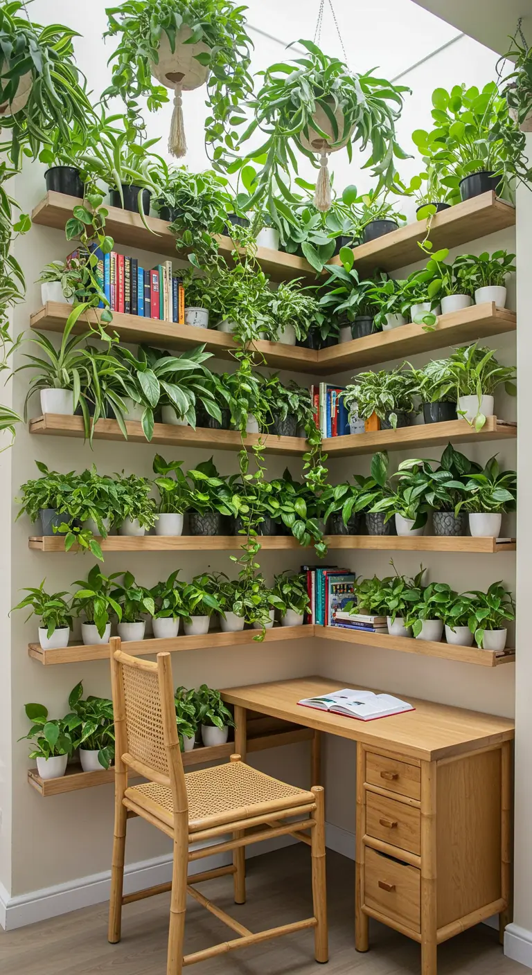 Rincón de oficina completamente cubierto de estanterías con plantas, creando un efecto de jungla interior.