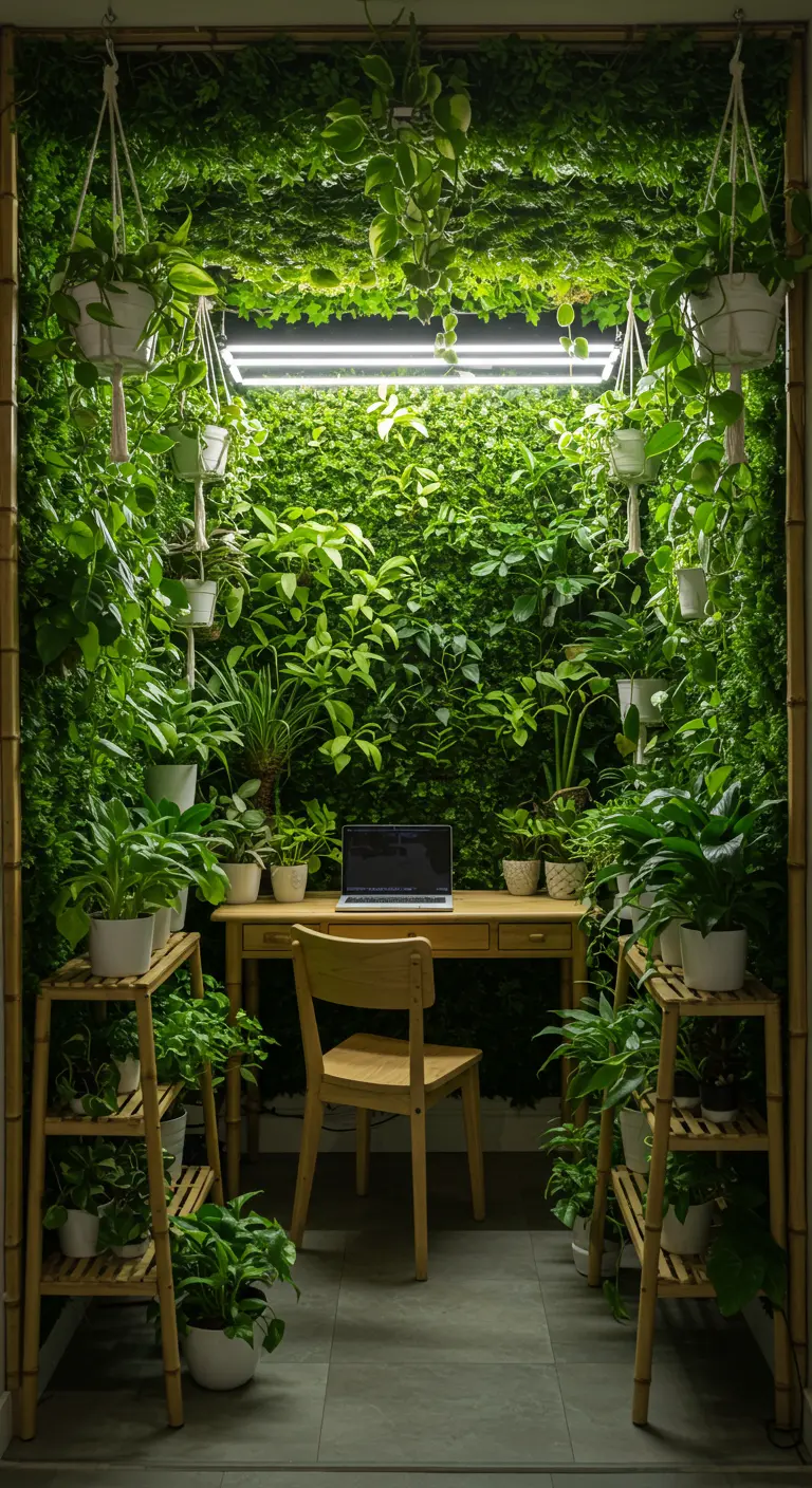 Oficina completamente rodeada por un jardín vertical con plantas colgantes y luz de crecimiento.