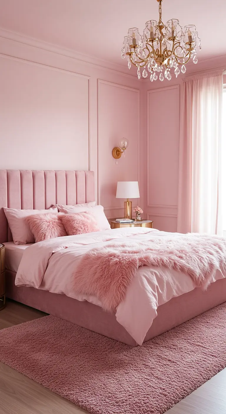 Dormitorio monocromático con diferentes tonos de rosa en la cama de terciopelo, la alfombra y las paredes.