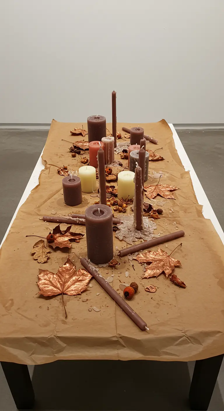 Mesa artística con papel kraft, velas de colores tierra y hojas pintadas de cobre.