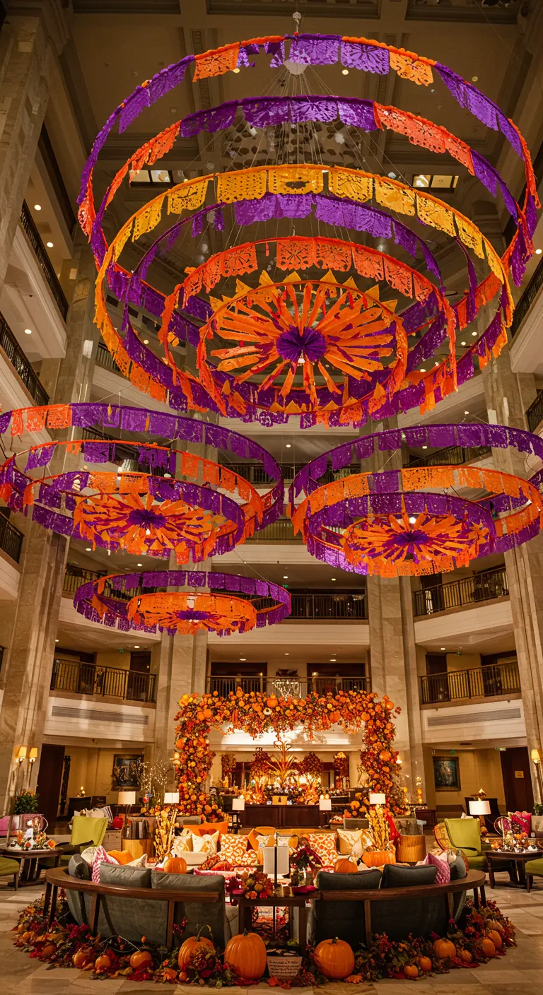 Lobby de un hotel con una instalación masiva de papel picado en forma de anillos.