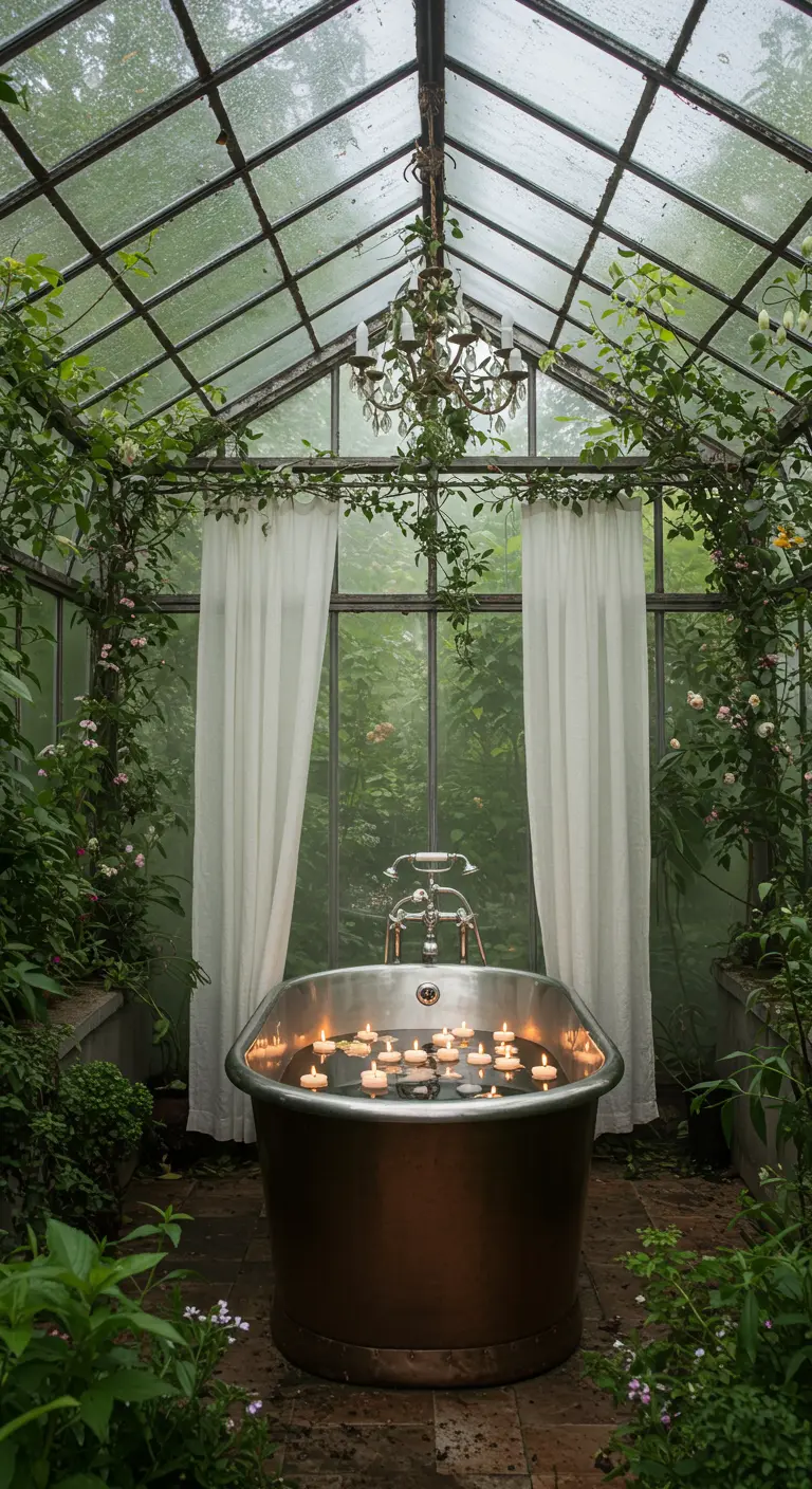Bañera de cobre en un invernadero de cristal, rodeada de plantas y enredaderas, con velas flotantes.