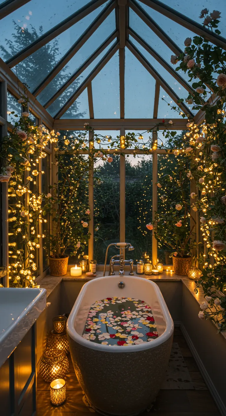 Bañera en un baño acristalado tipo invernadero, rodeada de plantas y miles de luces de hadas.